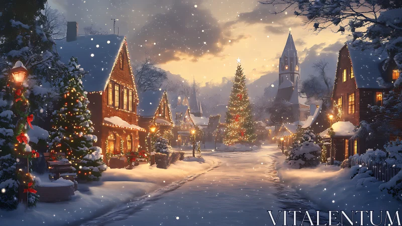 Cozy snowlit village wrapped in twinkling holiday lights.