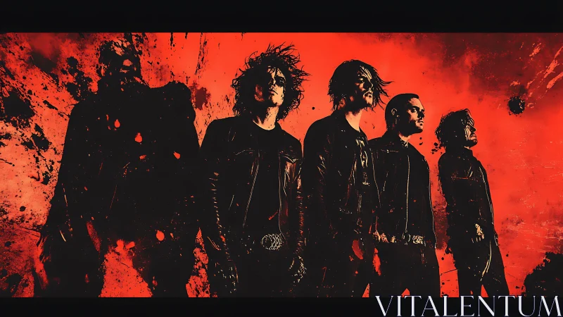 Storm-lit rock silhouettes march through a crimson inferno.