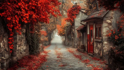 Cobblestone village lane glows beneath rich autumn foliage