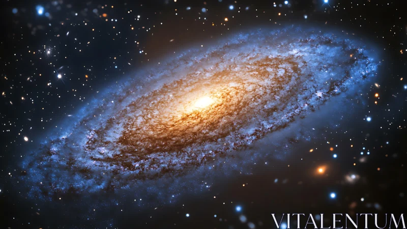 Spiral galaxy with bright core and star field background.