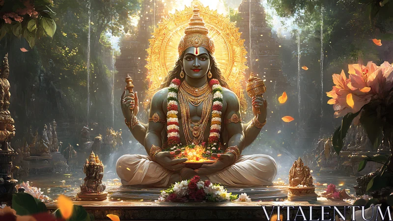 Central seated deity with radiant halo in dense forest shrine