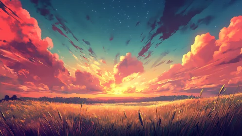 Sunset explodes over golden field under vivid cloud sky