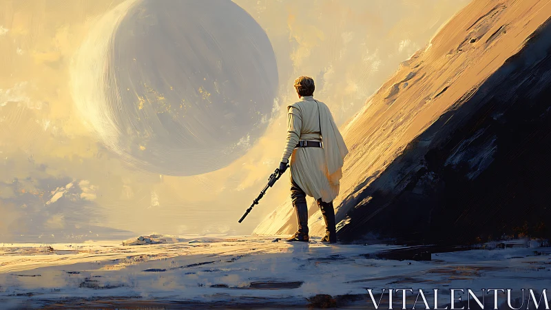 Lone robed wanderer studies colossal pale planet at dusk