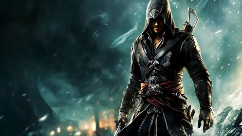 Hooded stormblade strides through swirling icy twilight.