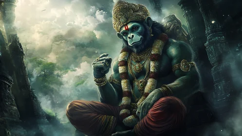 Regal simian deity seated amid misty ancient ruins.