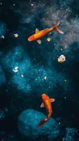 Vertical koi composition in deep blue aquatic field study.