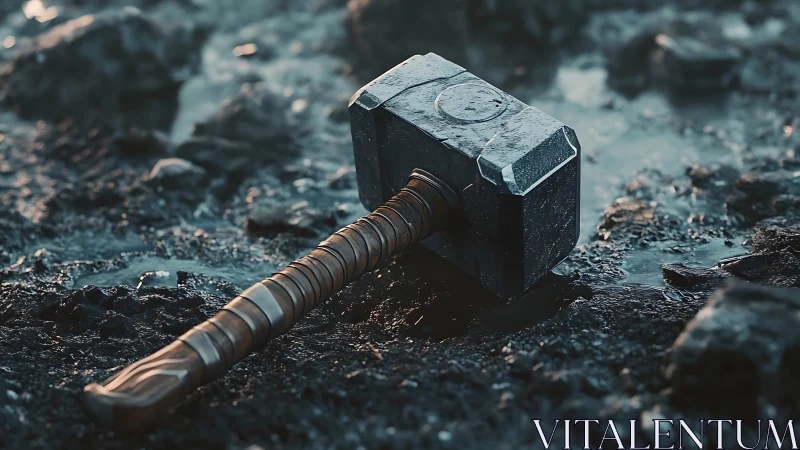 Storm-soaked hammer resting quietly on rugged ground.