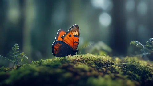 Macro study of an orange butterfly resting on mossy forest floor