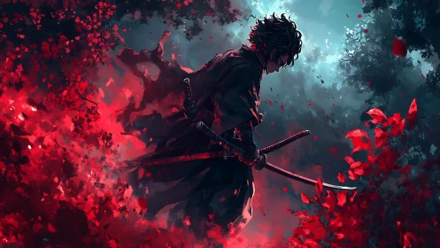 Lone samurai pauses in a crimson forest of swirling leaves