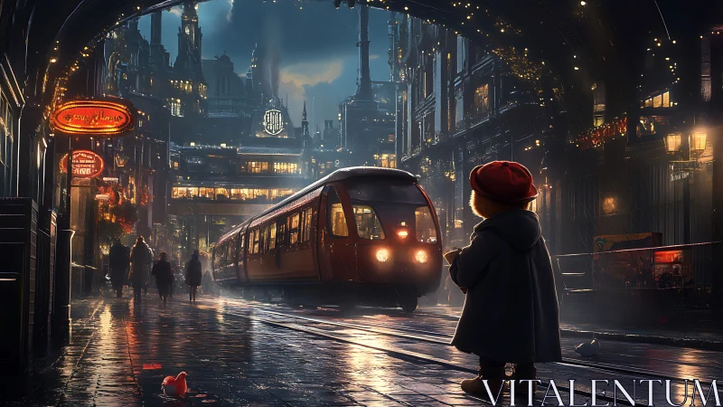 Child in red coat observes futuristic train in rainy city.