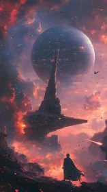 Wanderer gazes at colossal space citadel under burning sky.