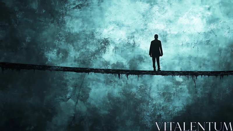 Solitary figure stands on narrow ledge above textured void