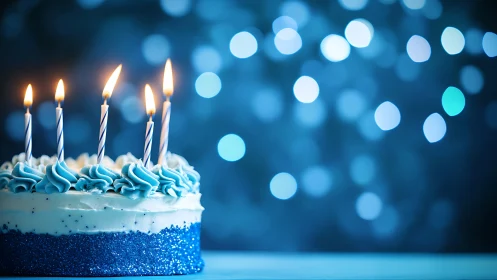 Blue Birthday Cake with Five Lit Candles Against Bokeh Background.