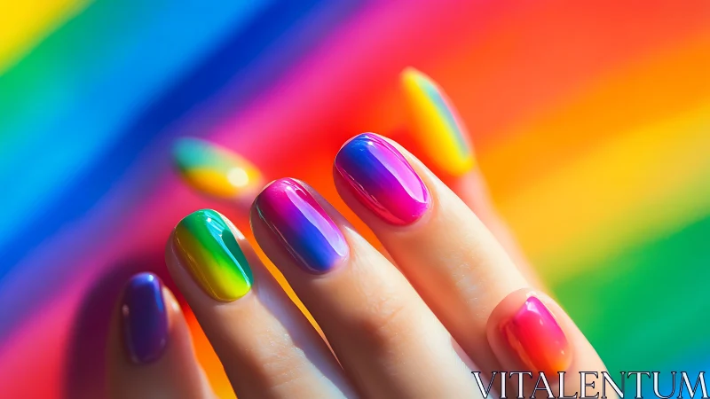 Prismatic rainbow manicure dancing over liquid light spectrum.