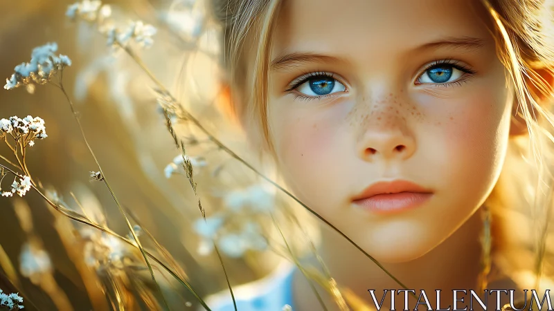 Young Girl with Striking Blue Eyes Amid Wildflowers in Golden Sunlight.