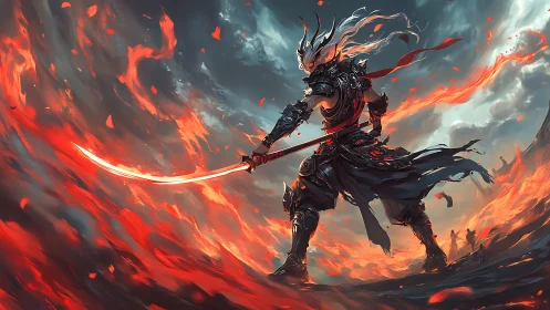 Flame-wreathed armored warrior executes wide arc strike in lava storm