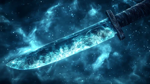 Translucent blue energy knife in cosmic space backdrop.