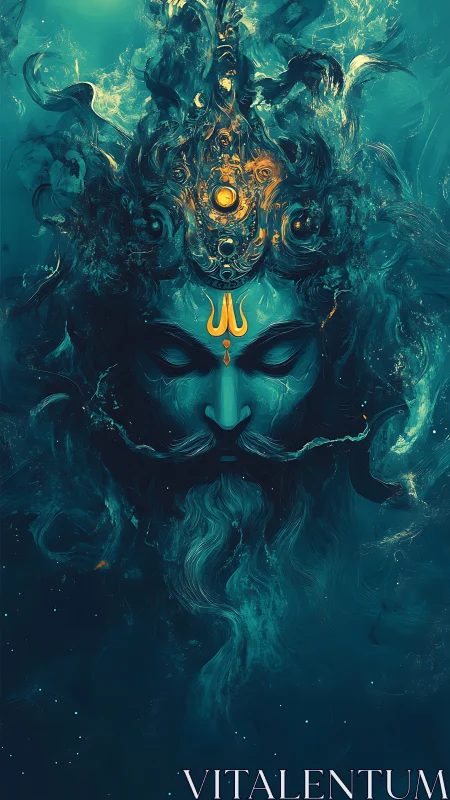 Mythic teal deity rendered as luminous swirling digital abstraction