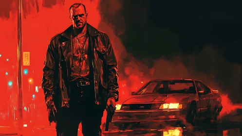 Tough armed man in red lit street beside smoking car.