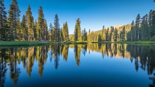 Conifer forest reflected in still mountain lake water surface.