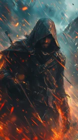 Hooded warrior strides through burning embers and stormfire.