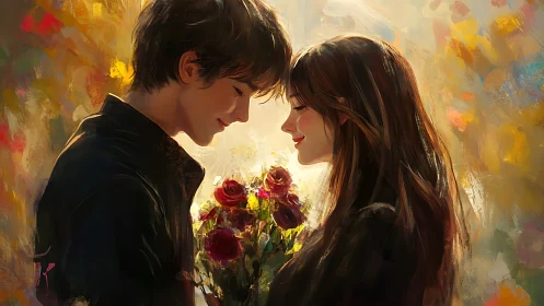 Young couple shares intimate moment with roses.