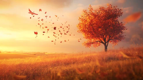 Autumn tree glows under golden sunset, leaves swirl skyward.