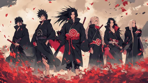 Scarlet-cloaked swordsmen stride through a storm of leaves