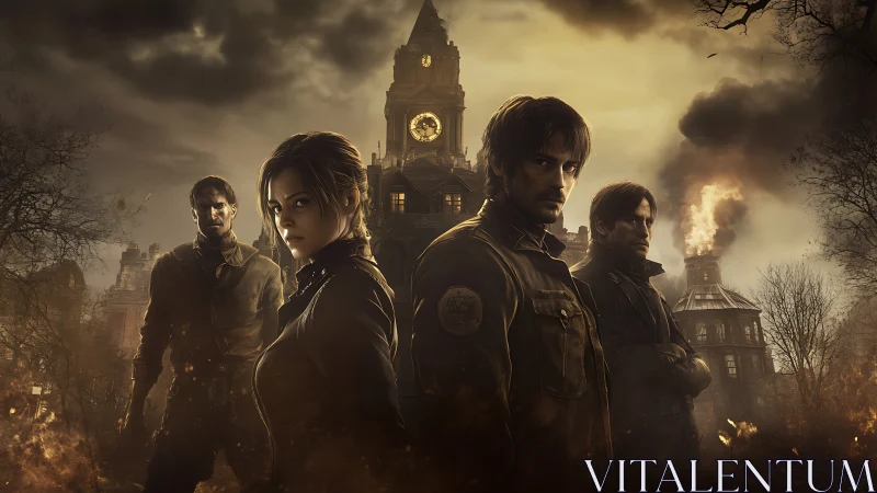 Storm-battered survivors confront burning gothic clocktower.