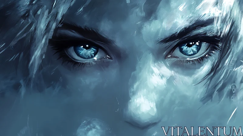 Icy blue gaze in close-up digital portrait with frosted strokes.