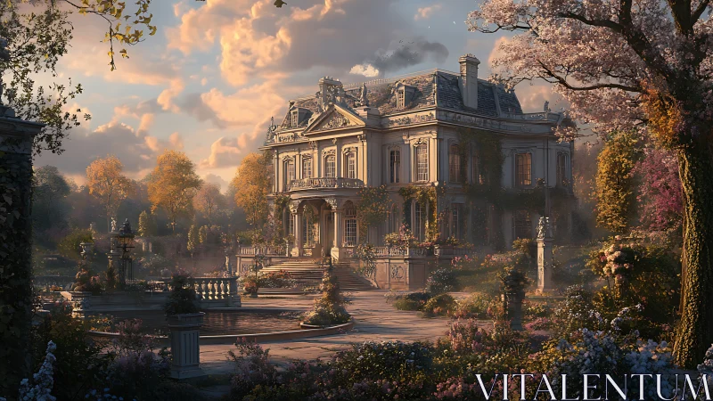 Sunlit French manor rests amid opulent, blooming gardens.