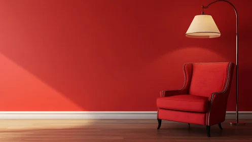 Cozy red reading corner with chair, lamp, and warm light.