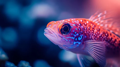 Neon dotted reef wanderer under dreamy twilight currents.