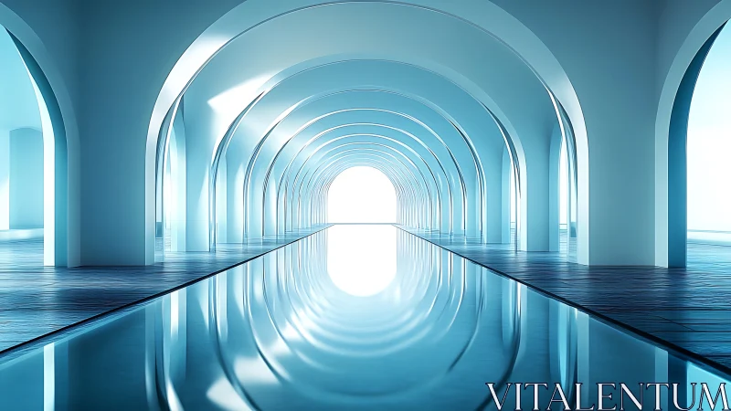 Futuristic Tunnel with Concentric Arches and Reflective Water Floor.
