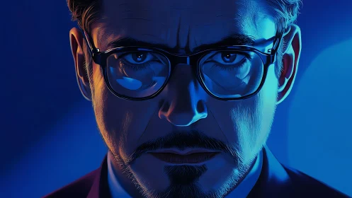 Digital portrait close-up in blue chiaroscuro vector style.