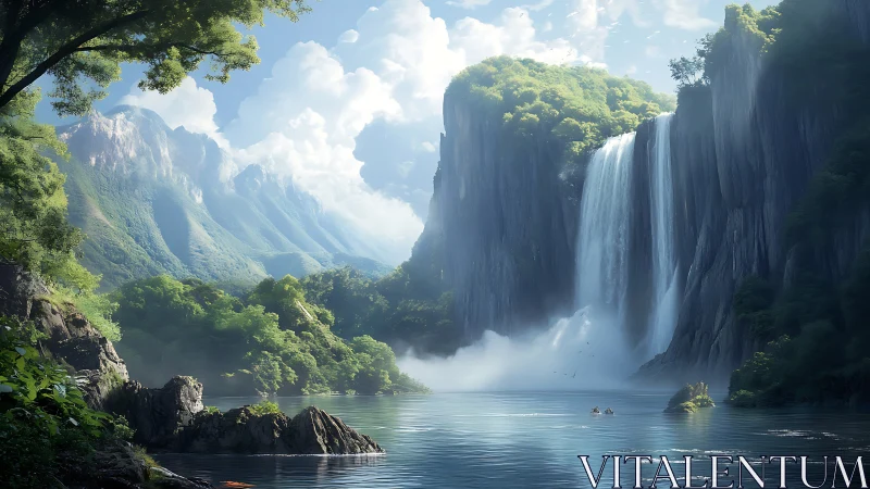 Lush mountain valley with towering waterfall and misty lake.