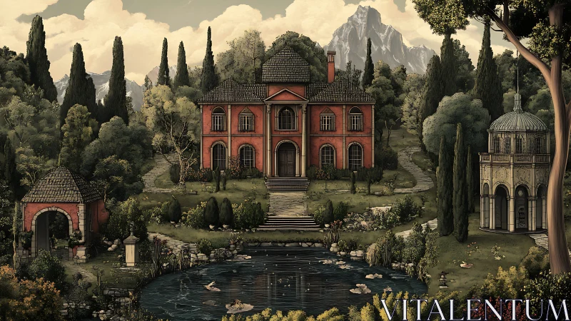 Red villa by pond in formal garden with mountains beyond.