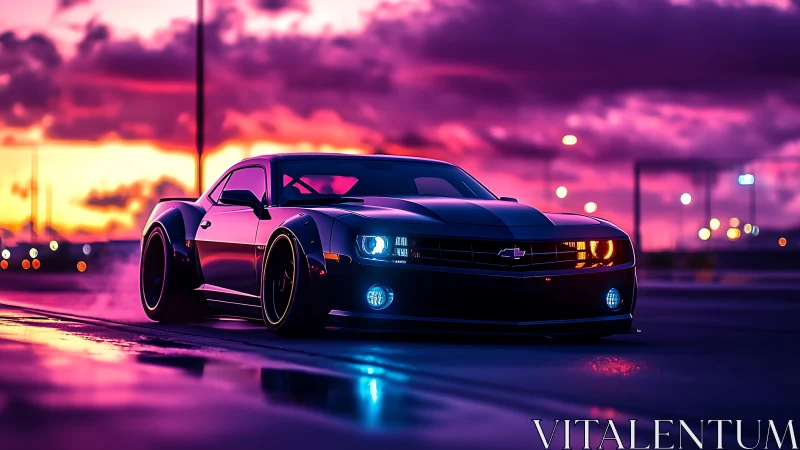 Low-angle view shows modified sports car on wet roadway