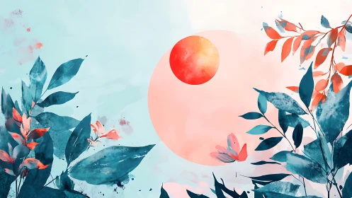 Abstract foliage surrounds red sun against pastel sky