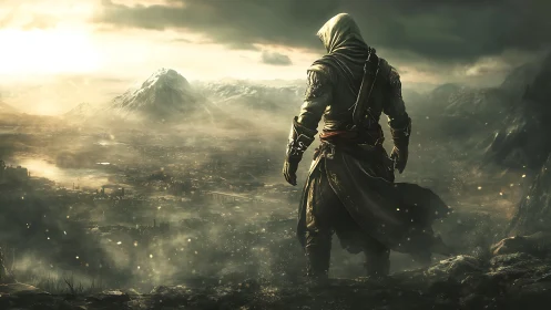 Hooded rogue surveying postwar valley under diffuse golden light.