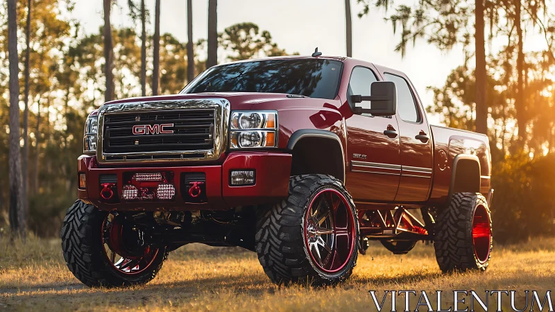 Lifted red GMC truck gleams at golden hour in forest clearing