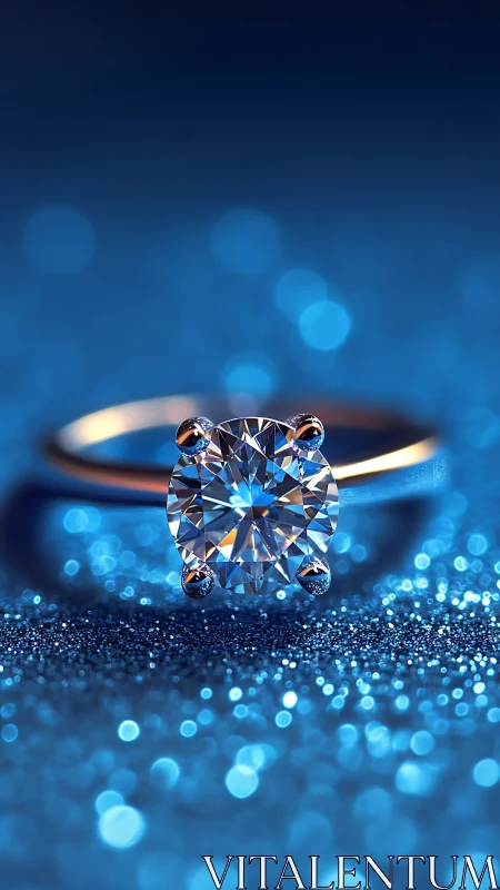 Solitaire diamond ring rests on blue glitter surface