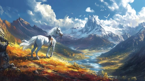 White stallion surveying glacial valley under dynamic sky.