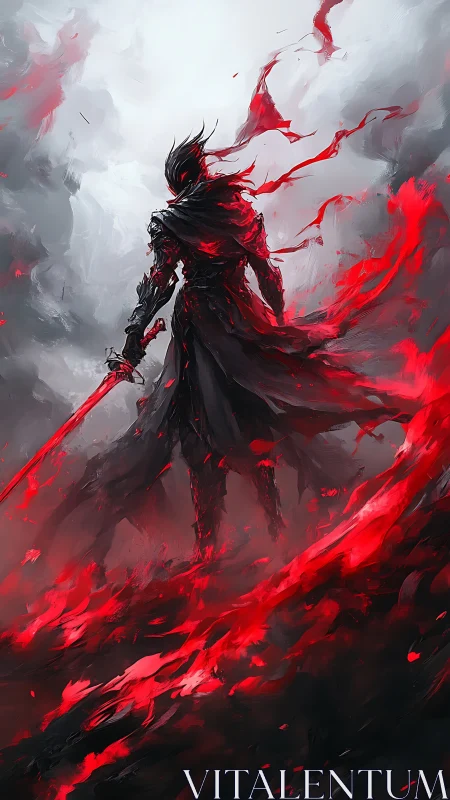 Dark warrior with red sword amid swirling crimson energy.