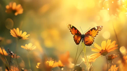 Backlit monarch butterfly hovering above orange daisies at sunset