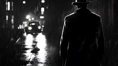 Man in trench coat stands in rainy noir city street at night.