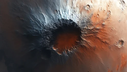 Planetary impact crater with radial ejecta and albedo contrast.