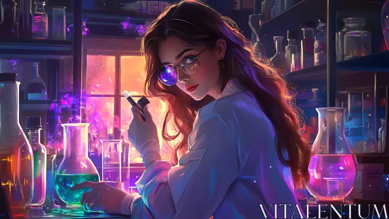 Curious young scientist glowing in a neon dream lab.
