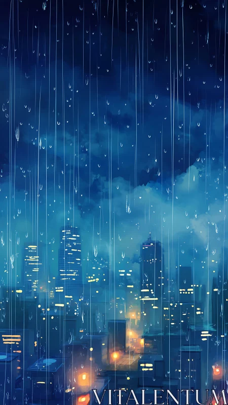 Rainy night skyline over illuminated modern cityscape.