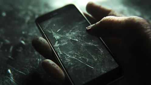 Hand interacts with heavily scratched smartphone screen